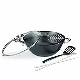 GSW Multifunktionstopf / Wok-Set – hochwertiger Wok mit Deckel, tiefe Pfanne zum Braten, Frittieren und Dünsten, inkl. Pfannenwender – Gusseisen, 32 cm, 5-teilig, Schwarz