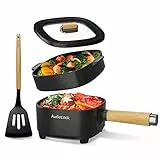 Audecook Elektrischer Hot Pot mit Dampfgarer, 2L/20cm Antihaft Elektropfanne mit Keramikglasur, Tragbarer Multikocher für Ramen, Steak, Ei, Haferflocken, Suppe, 350W/800W (D(SCHWARZ,MIT DAMPFGARER))