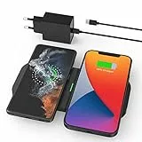 JoyGeek 2 IN 1 Wireless Charger, 15W Max Induktive Ladestation für iPhone 17/16/15/14/13/12/11/XR/X/8, Schnelle Kabellose Ladepad mit Adapter für Samsung Galaxy S25/S24/S23/S22, Air Pods 4/Pro 2/3/2