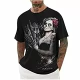 Jamicy T-Shirts für Herren Sommer Totenkopf Drucken Tshirt Kurzarm Tops Y2K Clothes Streetwear Sportshirt Mode Baumwolle Oberteil Tee Jungen Wandershirt Vintage Freizeitshirt Totenkopf Druck L