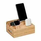 Relaxdays Ladestation, für Apple Watch, Bambus, HxBxT 11 x 17 x 13 cm, Handystation, Tablethalter, Uhrenständer, Natur