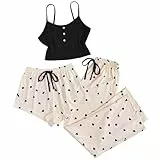 Schlafanzug Damen Lang Kuschelig Kurz Karierte Schlafhose Leopardenmuster 3-Teilig Pyjama Set Frauen Cami Pyjamahose Schlafanzüge Nachtwäsche Lounge Set Outfit Damen Klamotten Teenager Mädchen