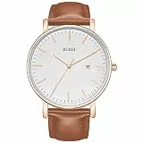 BUREI Ultra Dünne Uhren Herren Analoges Datum Armbanduhr Herren mit Japanisches Quarzwerk, Geschenke für Männer (braunes roségold, Leder)