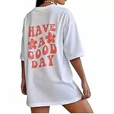 T-Shirt Damen Baumwolle Kurzarm Oversized Tshirt Sommer Oberteile Rundhals Bedrucken Tops Casual Lose Tunika Bluse Tee Teenager Shirts (DE/NL/SE/PL, Alphanumerisch, XL, Regular, Regular, Weiß)
