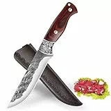 Fubinaty Japanisches Kochmesser Handgeschmiedetes Küchenmesser Full Tang Outdoor Kochmesser High Carbon Steel Camping Jagdmesser Holzgriff Gebrauchsmesser mit Lederscheide