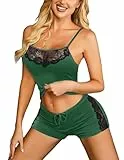 Avidlove Schlafanzug Damen Sexy Pyjama Set Kurz Ärmellos Zweiteiliger Nachtwäsche mit Spaghettiträger Cami Top und Shorts Sommer Freizeitanzug Hausanzug Sleepwear Grün S