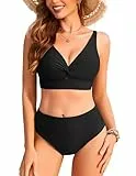 Ekouaer Bikini Damen Set Bauchweg High Waist Bikinis für Damen Sexy Zweiteiliger Badeanzug Twist Front Bademode Swimsuit, Schwarz M