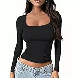 OOHOKAY Langarmshirt Damen U-Ausschnitt Basic Oberteile Y2K Slim Fit Tshirt Crop Tops Lässige Streetwear(Schwarz-U1,M)