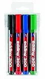 edding 300 Permanentmarker - schwarz, rot, blau, grün - 4 Stifte - Rundspitze 1,5-3 mm - wasserfest, schnell-trocknend - wischfest - für Karton, Kunststoff, Glas, Holz, Metall, Glas