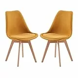 EGGREE 2er Set Esszimmerstühle Gewerbestuhl Skandinavisch Design, Polsterstuhl aus Leinen Rückenlehne, Küchenstuhl Essstühle mit Massivholz Buche Bein SGS Geprüfter, Gelb