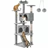Yaheetech Kratzbaum groß Kletterbaum 158 cm hoch Katzenkratzbaum, Stabiler Katzenbaum mit 3 Plattformen, 3 Kratzsäulen, 2 Höhle, Plüschbälle Katzenmöbel, Hellgrau