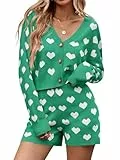 Tankaneo Damen Valentinstag-Pullover-Set, Herzstrick, langärmelig, kurze Strickjacke und Shorts, 2-teiliges Outfit, Grün , S