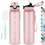 AOHAN Trinkflasche 1L BPA-frei Sport Wasserflaschen mit Stroh, Spülmaschinensichere Verschlussdeckel Auslaufsichere Motivierende Sportflasche mit Zeitmarkierungen für Sport