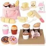 SIMPLIPLAY Holz-Bäckerei-Spielset Lebensmittelspielzeug, 23-teiliges Holz-Rollenspiel-Lebensmittel-Set für Kinder, Spielküchenzubehör mit Schneidespielzeug und Einkaufstasche als Geschenk für Kinder