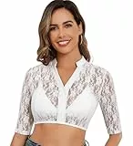 Zeagoo Dirndl Bluse Damen Weiß Spitze Elegante Dirndlbluse Halbarm V Ausschnitt Trachtenbluse mit Knopf Oktoberfest Bluse Weiß L