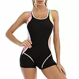 Odizli Badeanzug Damen mit Bein Sport Sexy Push Up Bauchweg Schwimmanzug mit Cups Badeanzüge Große Größe Frauen Sommer Rashguard Bademode Einteiler Strandmode Women Sun Permeable Swimsuit Schwarz L