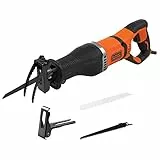 BLACK+DECKER Säbelsäge Elektrisch 750 W (20 mm Hublänge, Universalsäge mit beweglichen Sägeschuh & Astklemme, für schnelle Schnitte in Holz, Metall, inkl. 1 Holz- & 1 Metall-Sägeblatt) - BES301