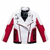 linboo Jungen Bikerjacke aus Kunstleder Lederjacke Kinder Kragen Motorrad Lederimitat Jacke Mäntel für Frühjahr & Herbst, Weiß, 122-128