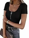 Totatuit Tshirt Damen Eckigem Ausschnitt Sommer Oberteile Kurzarm Gerippt Basic Tee Shirts Slim Fit Elegant T-Shirt Stretch Casual Einfarbig Tops Schwarz S