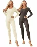 Ekouaer Thermounterwäsche Damen Winter Oberteil und Unterteile Skiunterwäsche Warme Thermowäsche Set Elastisch Thermounterhemd Atmungsaktive Beige+Braun S