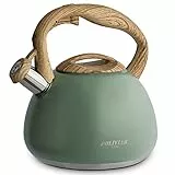 Poliviar Wasserkessel Induktion, Edelstahl Pfeifkessel, Teekessel für alle Kochplatten, Flötenkessel mit Holzmasergriff, Wasserkocher für Tee & Kaffee, max. 2.7L, Wildes grün