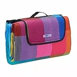 Relaxdays Picknickdecke XXL, 200 x 200 cm, Fleece Stranddecke, wärmeisoliert, wasserdicht, mit Tragegriff, bunt kariert, schwarz-rot