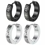 Flongo Wikinger Runen Huggie Ohrringe: Herren Ohrstecker Creolen viking schwarz silber Set 2 Paare hoop earrings Piraten nordisch Edelstahl schmuck punk schmuck Geschenk für Männer Jungs Frauen Damen