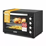 TZS First Austria - Minibackofen 60L 2000W - Mini Backofen Pizzaofen Temperaturregelung bis 230°C & 6 Modi - Geräumiger Miniofen mit 60 Min. Timer, 4 Einschubhöhen, Backblech, Grillrost & Drehspieß