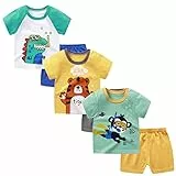 XM-Amigo Baby Jungen 3er Set Kurzarm T-Shirt & Shorts 6 Teilig Atmungsaktiv Mit Schulterknöpfen Cartoons Muster Größe 55/80