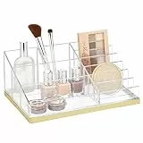 mDesign praktischer Kosmetik Organizer – dekorative Kosmetik Aufbewahrungsbox für Nagellack und Puder – Ablage mit 10 Fächern zur Schminkaufbewahrung – durchsichtig/goldfarben