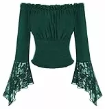 SCARLET DARKNESS Damen Vintage Trachtenbluse Gesmokte Taille Langarm mit Spitze Tops Party Wikinger Oberteil Dunkelgrün M