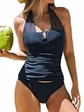 CUPSHE Damen Tankini Set U Bügel Mesh Badeanzug Halterträger Mittlerer Bund Raffung Bademode Navy Blue M