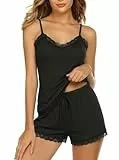 Avidlove Schlafanzug Damen Kurz Spitze Pyjama Zweiteiliger Sommer Ärmellos Nachtwäsche Set Sexy Hausanzug Sleepwear mit Cami Top und Shorts Schwarz M