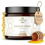 bedrop Manuka Honig mit MGO 500+ 600g XXL Glas - 100% echter Premium Manukahonig aus Neuseeland mit zertifiziertem Methylglyoxal Gehalt (Analyse-Zertifikat)