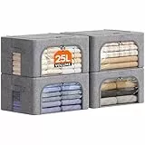 Lifewit 25L Aufbewahrungsbox mit Deckel, Kleidung Aufbewahrung, Faltbare Kleideraufbewahrung mit Metallrahmen, Stoffbox mit Griffen & Fenster, Aufbewahrung Kleiderschrank, 4er Set, Hellgrau