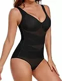 UMIPUBO Shapewear Damen Body Shaper Bauchweg Bodysuit Formender Nahtlose Formend Elastizität Shaping Body Mesh Atmungsaktiv Miederbody Figurformende Taillenmieder Mit V-Ausschnitt BH (Schwarz, XXL)