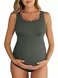 Summer Mae Gerippter Schwangerschafts-Badeanzug, einteilig, gewellter Ausschnitt, quadratischer Ausschnitt, Oliv/Blatt für mich (Leaf It to Me), XL