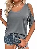 Fisoew T Shirt Damen Rundhalsausschnitt Oberteile Schulterfrei Tops Sommer Kurzärmeliges Casual Tee Shirts Bluse.Grau.XXL
