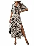 SweatyRocks Sommerkleid Lang Damen Maxikleid Sommer Leoparden Kleid Mit Schlitz Lange Sommerkleider Leo Kleid A Linie Wickelkleid Leoprint Leo M