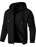 JMIERR Hoodie Herren Einfarbig Pullover-Sweatshirt Mit Kapuze Waffelmuster Kapuzenpulli mit Reißverschluss Sweatjacke mit Taschen Schwarz L