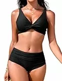 FemiChic Damen Push Up Bikini Set Sexy V Ausschnitt Twist Oberteil Bauchweg Badeanzug mit Verstellbaren Trägern High Waist Hose Bademode für Strand & Pool(Schwarz,L)