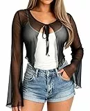 TZLDN Damen Bolero Festlich Kurz Chiffon Mesh Jäckchen Langarm für Abendkleider Elegant Brautjacke Schwarz L
