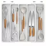 Kitsure Erweiterbarer Besteckkasten für Schubladen – Großer Besteck Schubladeneinsatz mit 5 Fächern, Wohnungs Zubehör für Küche und Ordnung, Weiß, 34,6 x 3,6 x 28,0~50,5 cm