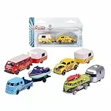 Majorette – Volkswagen The Originals Trailer Set – 1 von 4 zufälligen VW-Modellautos mit Anhänger, Länge 13 cm, Maßstab 1:64, mit VW Lizenz