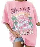 TOMEEK Damen T-Shirt Kurzarm Rundhals Oversized Tshirt Sommer Baumwolle Locker Basic T-Shirt Für Damen Vintage Strand Bedruckte Schulter Top Casual Frauen Shirt(Rosa,L)