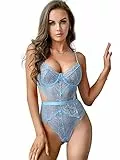 EVELIFE Body Damen Sexy Dessous Bodysuit BH mit Bügel Overall Reizwäsche Negligee Spitze Unterwäsche Babydoll Lingerie (Hellblau, M)