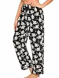 ENJOYNIGHT Schlafanzughose Damen Lang Fleece Pyjamahose Flauschig Schlafhose Plüsch Freizeithose mit Kordelzug (Small,Schwarze Katze)