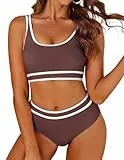 AI'MAGE Badeanzug Damen Sport Bauchweg Bikini Set High Waist Bikini-Sets Bademode Push Up Sportlich, Bordeaux S
