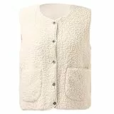 Weste Damen Ärmellose Fleeceweste V-Ausschnitt Knöpfen Fleece Teddy Weste Kurz Leicht Casual Einfarbig Damenweste Herbst Winter Warm Plüschweste 03-Beige M