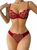 ROSVAJFY Sexy Dessous-Sets für Damen Blumen Bestickt Netz 2 Teiliges Unterwäsche Set Bügel BH und Slip Set Transparent Spitze Reizwäsche Flirty Lingerie Frauen Babydoll Dessous S-XL (Burgund, M)